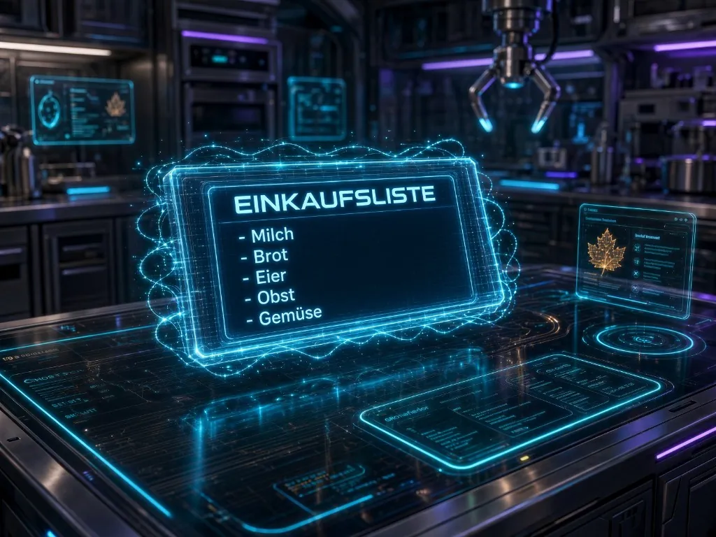 Futuristische Küche mit leuchtender Einkaufsliste