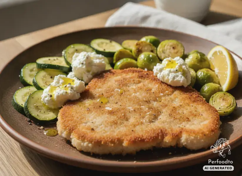 Pan fried pork schnitzel with zucchini and Brussels sprouts
