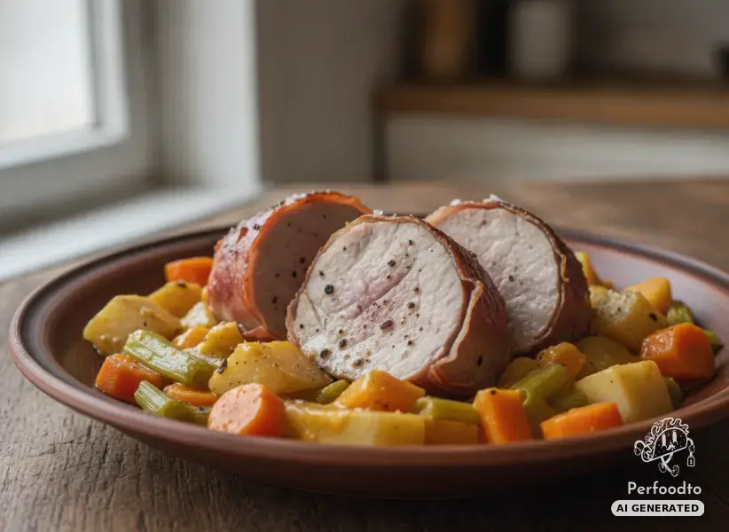 Juicy pork tenderloin wrapped in prosciutto with braised root vegetables