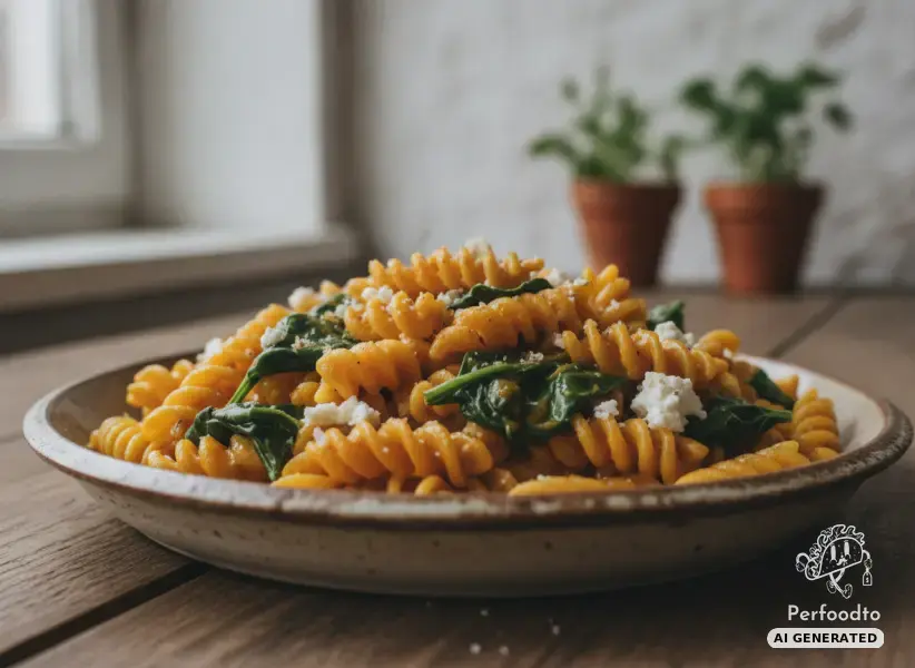 Creamy Pumpkin Pasta with Baby Spinach and Feta