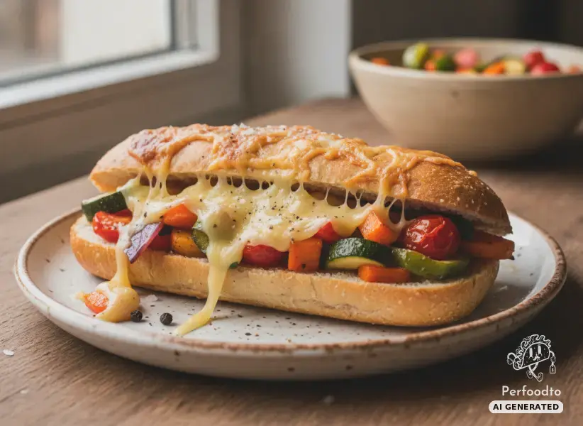 Baked organic graham roll with vegetables and mountain cheese
