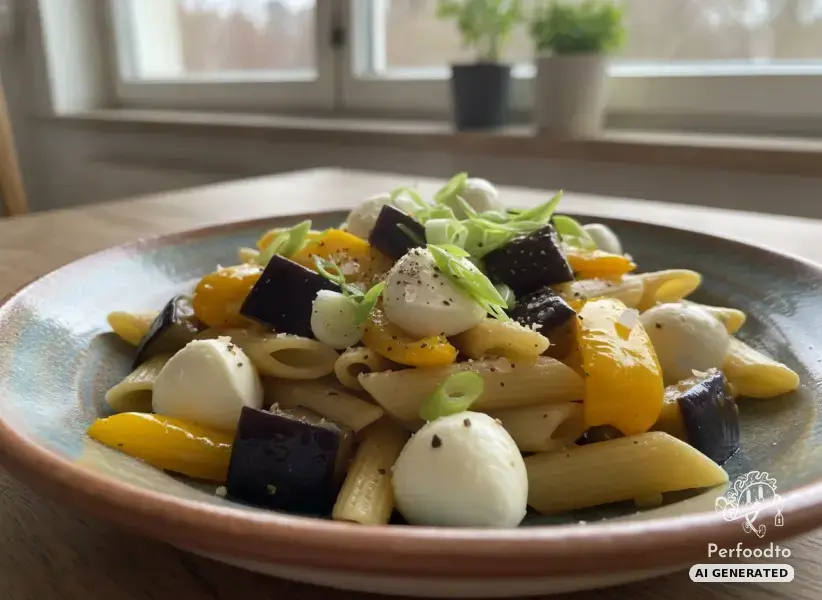 Pasta mit Melanzani, Spitzpaprika und Mozzarella