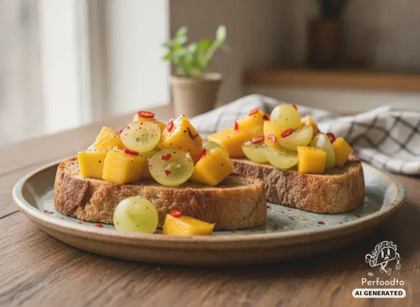 Toasted spelt bread with mango and grape salsa