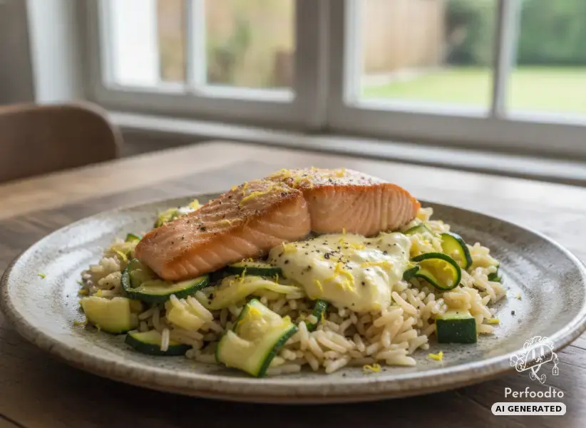 Fried salmon fillet with lemon cream cheese sauce, zucchini and rice