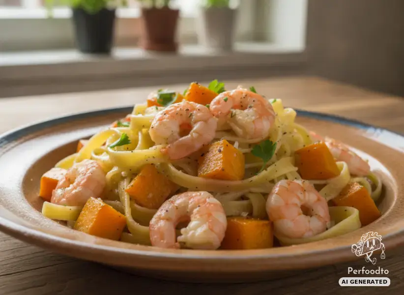 Pasta with shrimps and pumpkin