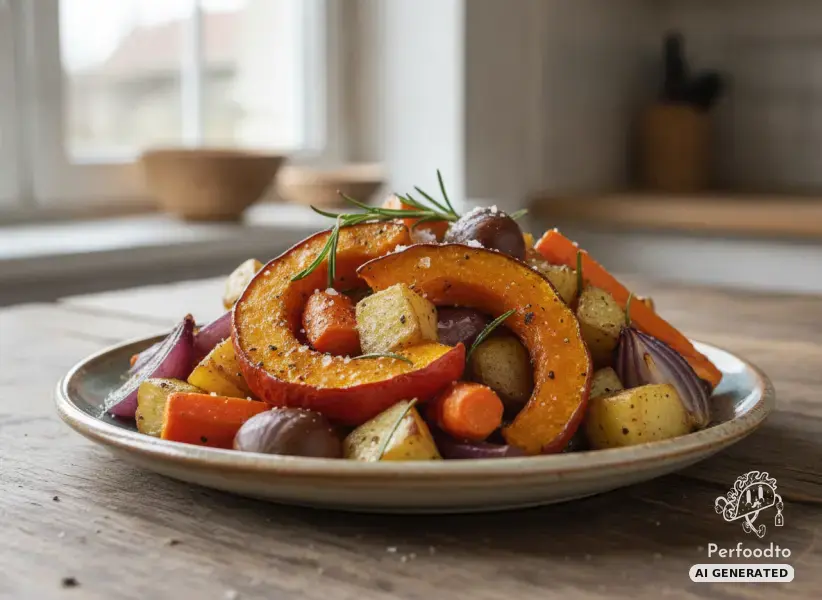 Colorful roasted vegetables with Hokkaido pumpkin and chestnuts