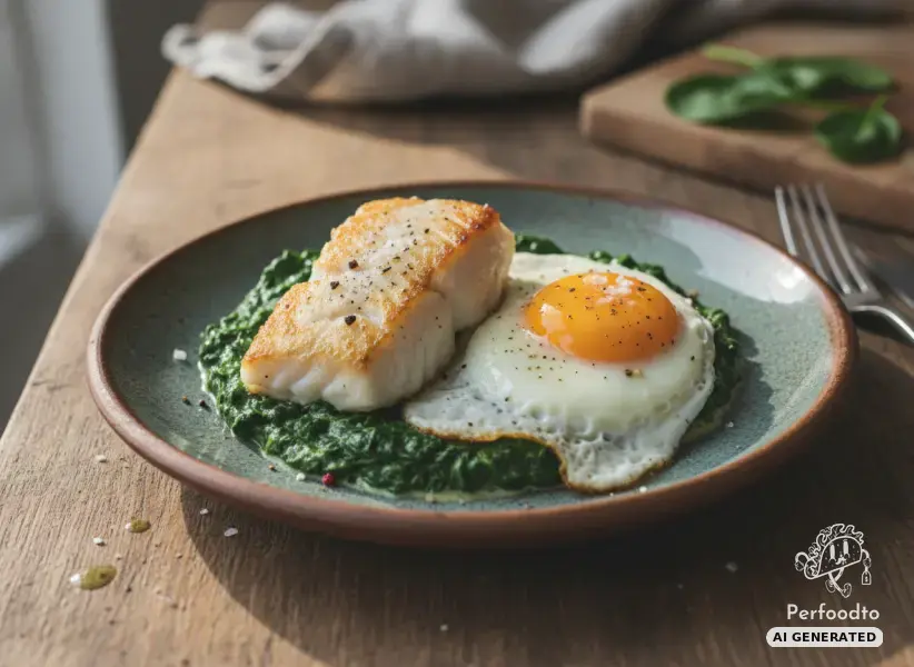 Pan fried polar cod on creamed spinach with fried egg