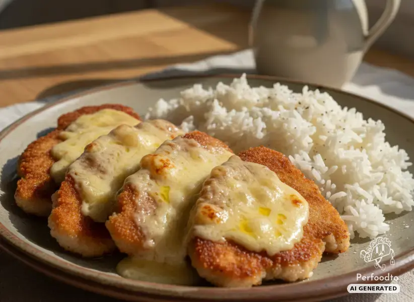 Überbackene Schweinsschnitzel in Frischkäsesauce mit Reis