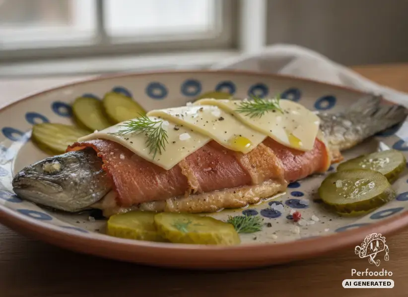 Knusprige Forelle im Serranoschinkenmantel mit Käse und Gurken
