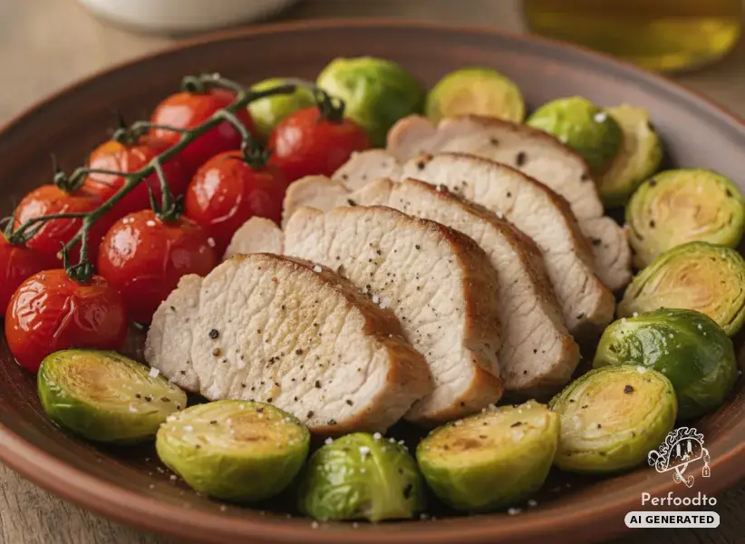 Tender pork tenderloin with roasted Brussels sprouts and cherry tomatoes