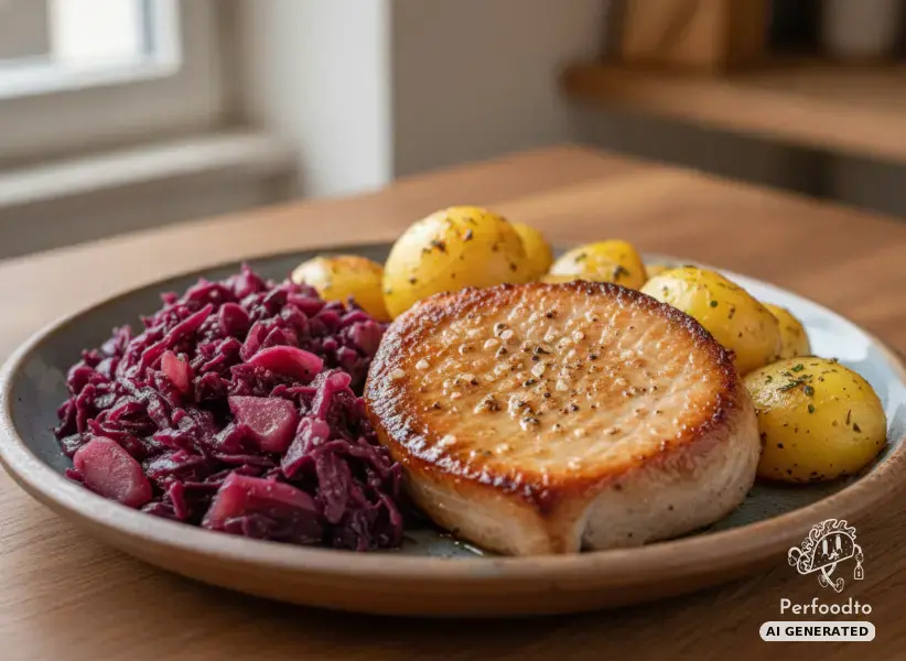 Schweinskarree mit Apfelrotkraut und Kartoffeln