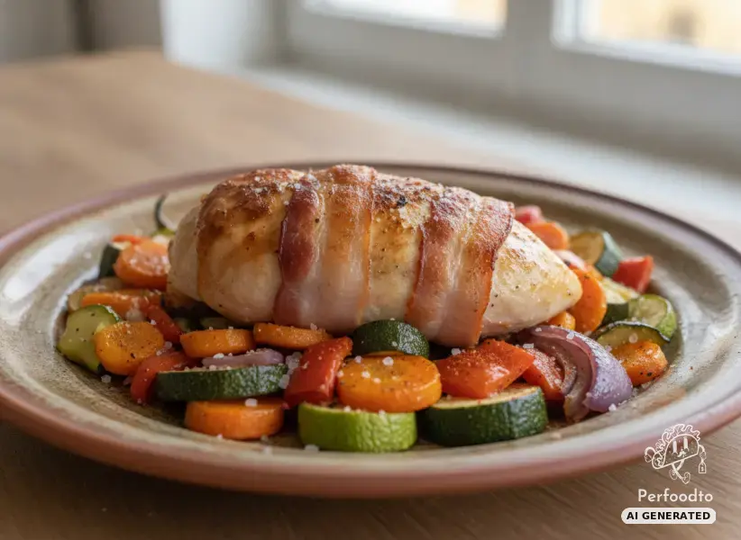 Bacon wrapped chicken breast with roasted vegetables