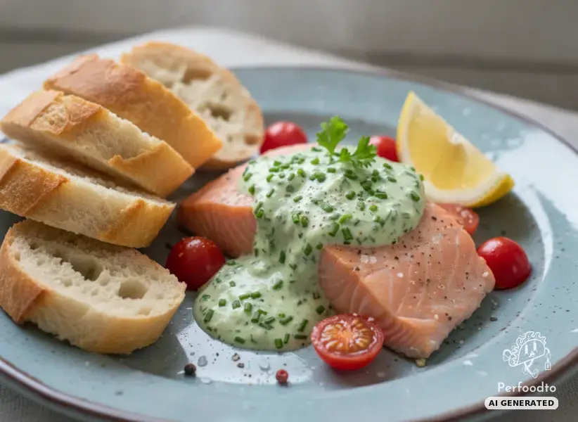 Steamed salmon fillet from the Varoma with cream cheese sauce and baguette