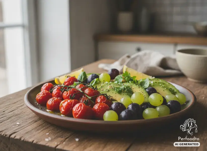 Geschmorte Datterini-Tomaten mit Avocado und Trauben