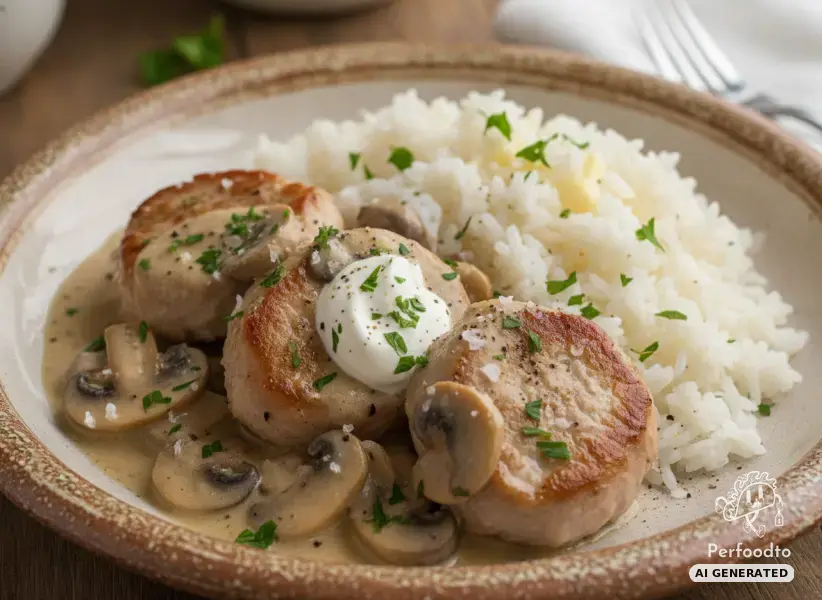 Tender pork medallions in creamy mushroom sauce with rice