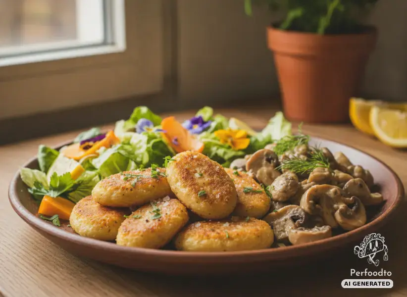 Crispy spelt potato rolls with fried mushrooms and colorful iceberg lettuce