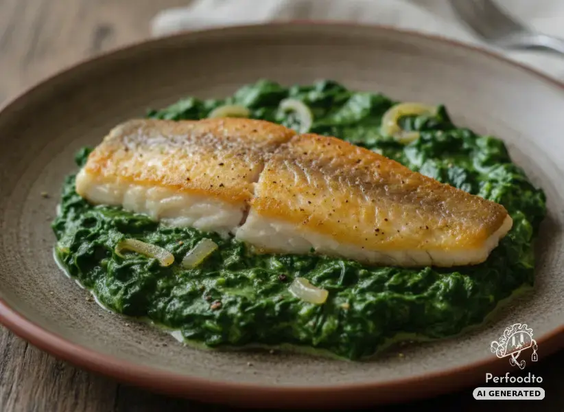 Pan-seared redfish fillet on creamed spinach