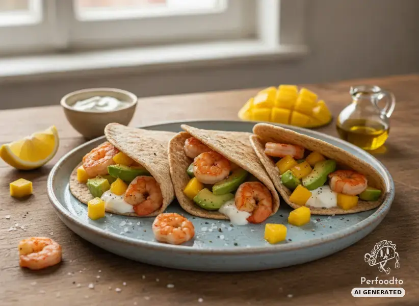 Fried king prawns in whole wheat tortillas with mango and avocado