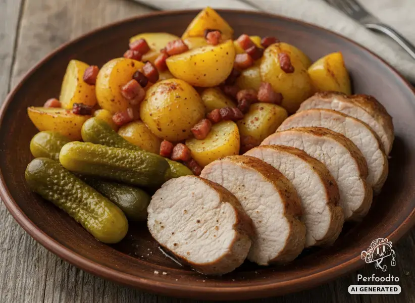 Pork tenderloin with bacon potatoes and pickles
