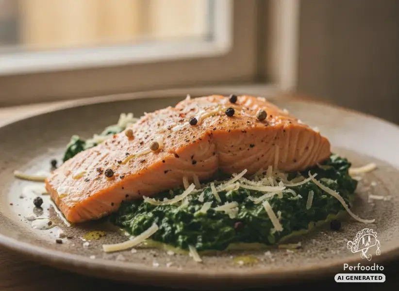 Spicy salmon fillet on a creamy spinach bed with Grana Padano