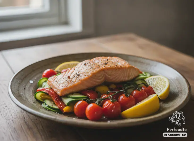 Pan-seared salmon fillet on zucchini and pointed peppers