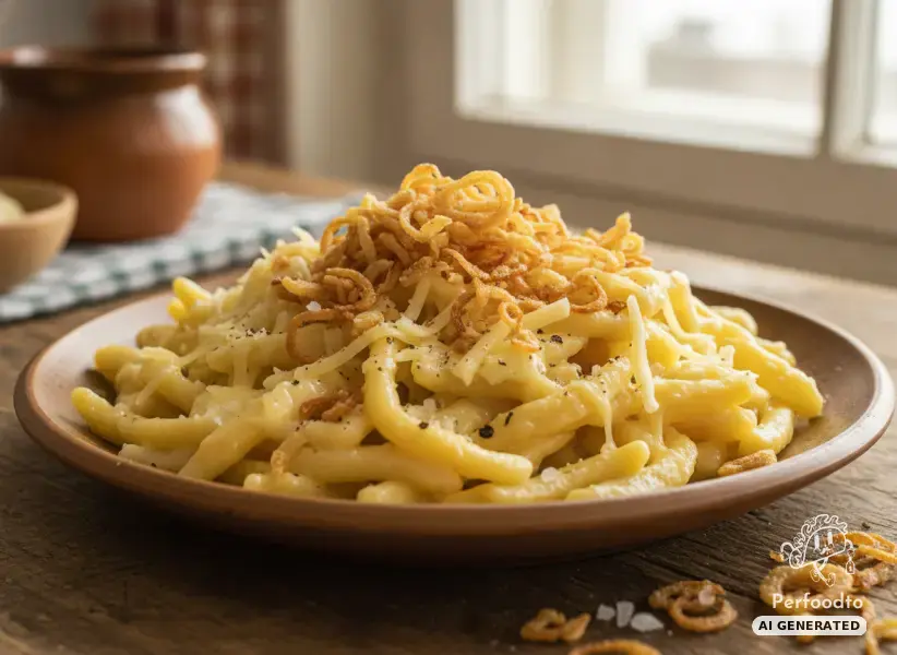 Käsespätzle mit Emmentaler und Röstzwiebeln