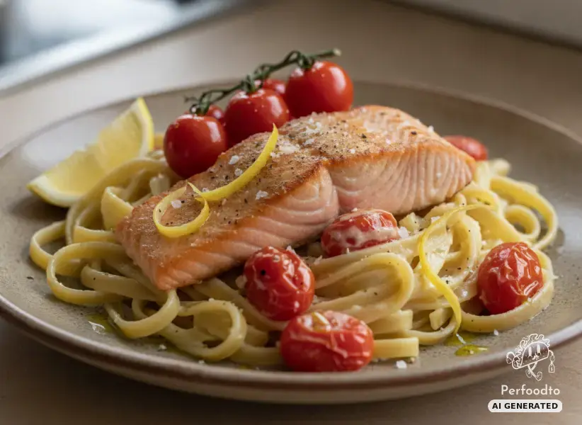 Creamy salmon pasta with cocktail tomatoes