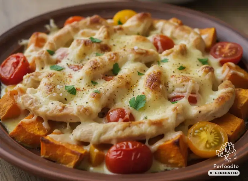 Überbackene Süßkartoffelpfanne mit Hendlfilet und Tomaten