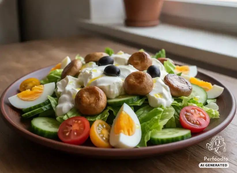 Colorful salad plate with fried mushrooms, egg and soft cheese