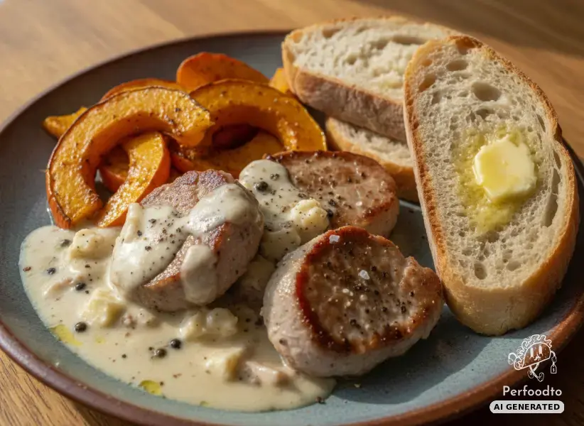 Gebratene Schweinsfilet Medaillons in Pfefferkäse Sauce mit Kürbis und Baguette