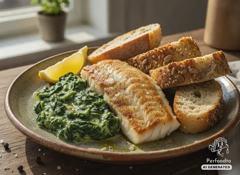 Cod with creamed spinach and baguette
