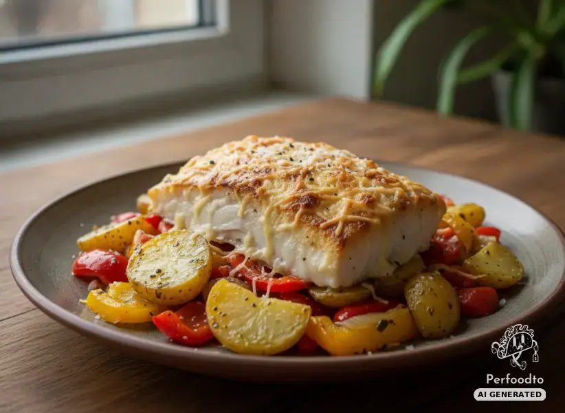 Baked Polar Cod on Colorful Bell Pepper Vegetables with Potatoes