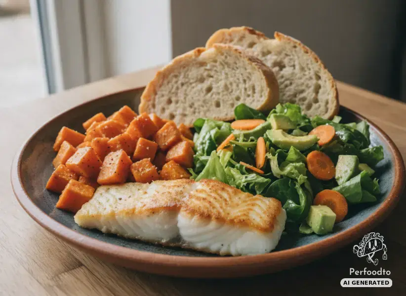 Pan-fried cod fillet with sweet potato cubes and avocado salad