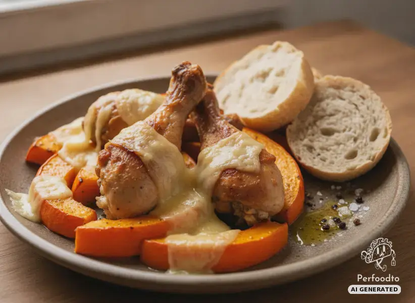 Crispy chicken legs with baked Hokkaido pumpkin and Gouda