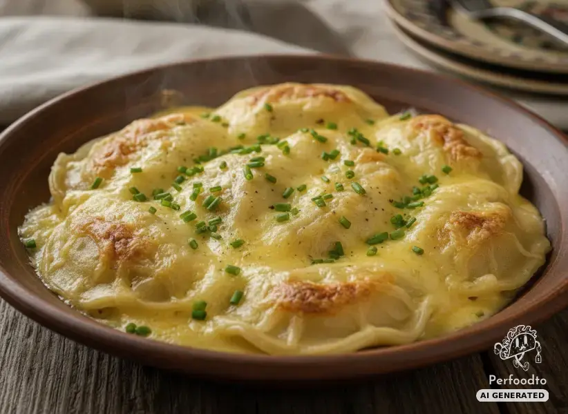 Baked Carinthian cheese dumplings in creamy cheese sauce