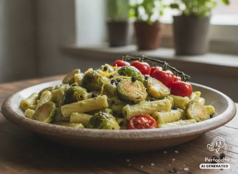 Creamy avocado pasta with roasted Brussels sprouts and tomatoes