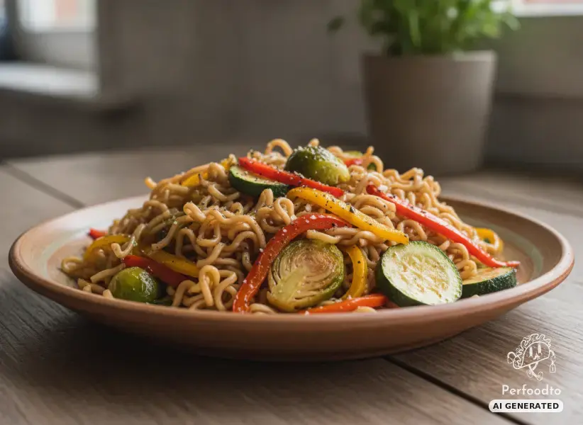Asiatische gebratene Ramen Nudeln mit Gemüse