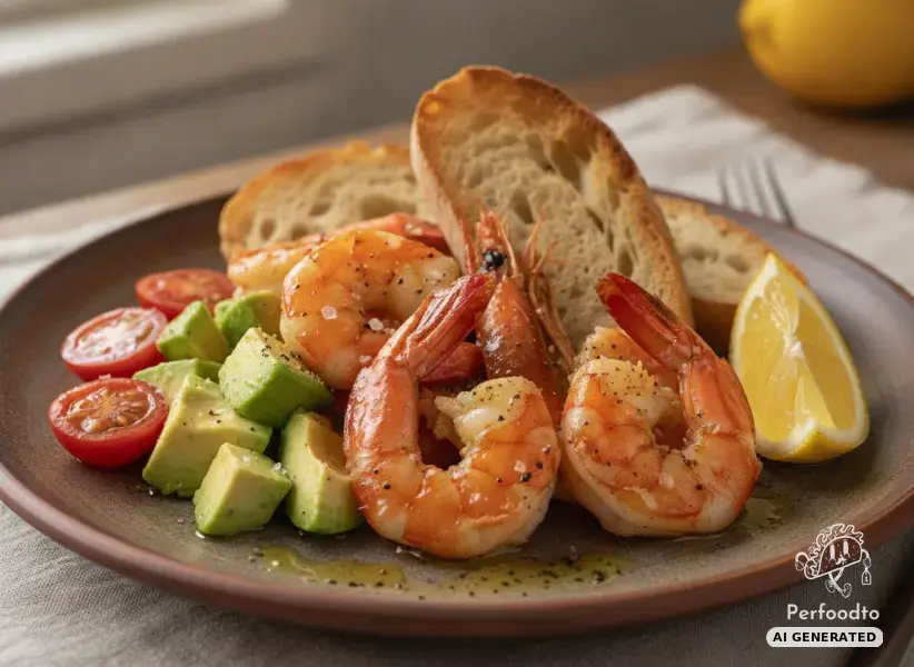 Pan-fried king prawns with avocado, Datterini tomatoes and ciabatta