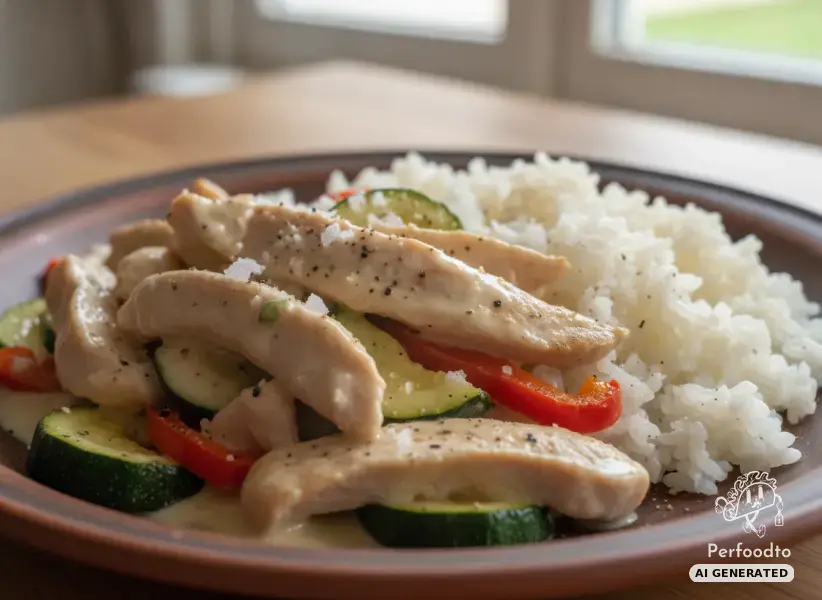 Turkey breast strips in cream cheese sauce with zucchini and rice