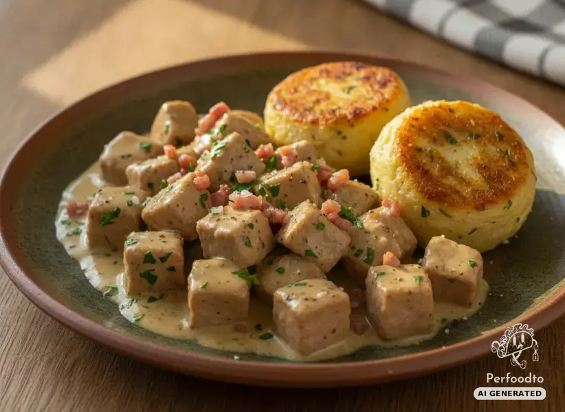 Hearty pork hunter style pan in creamy sauce with savory dumplings