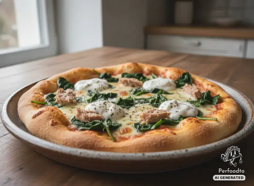 Crispy pizza with tuna and spinach
