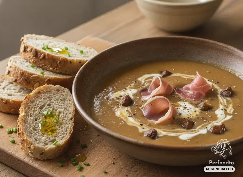 Creamy chestnut soup with cured ham and baguette from the Thermomix