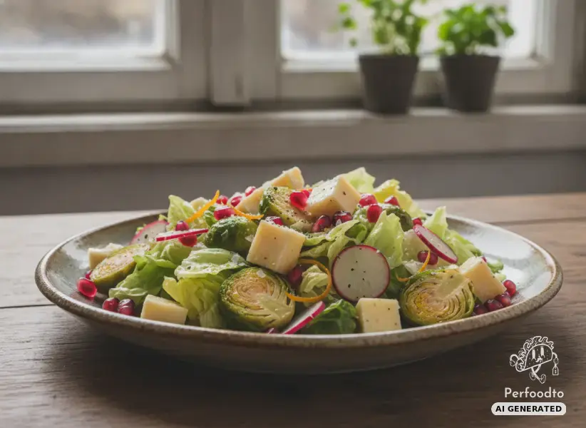 Crispy winter salad with roasted Brussels sprouts, pomegranate and mountain cheese