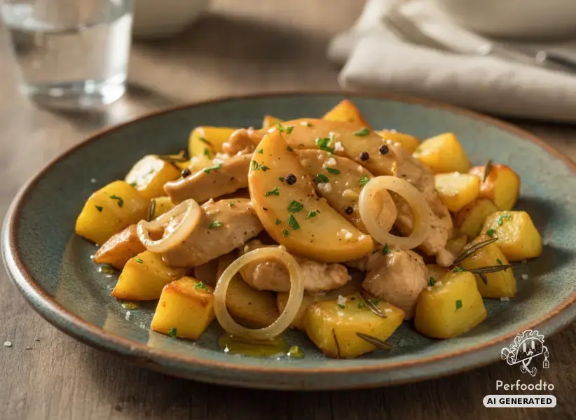 Sliced chicken with apples and potatoes