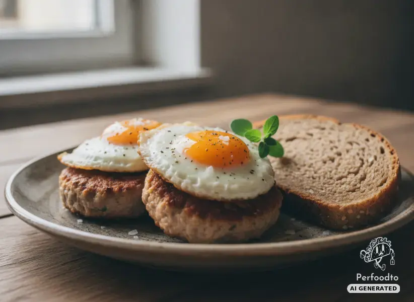 Minced meat patties with fried egg and rye bread