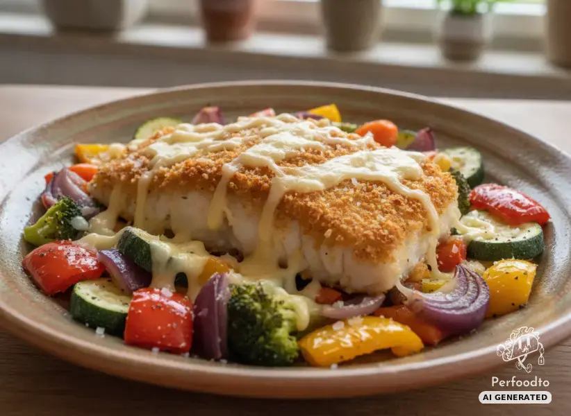Crispy cod with colorful oven vegetables and cheese