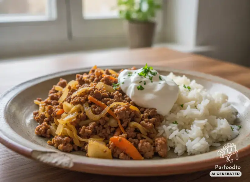Hearty cabbage skillet with minced meat and rice