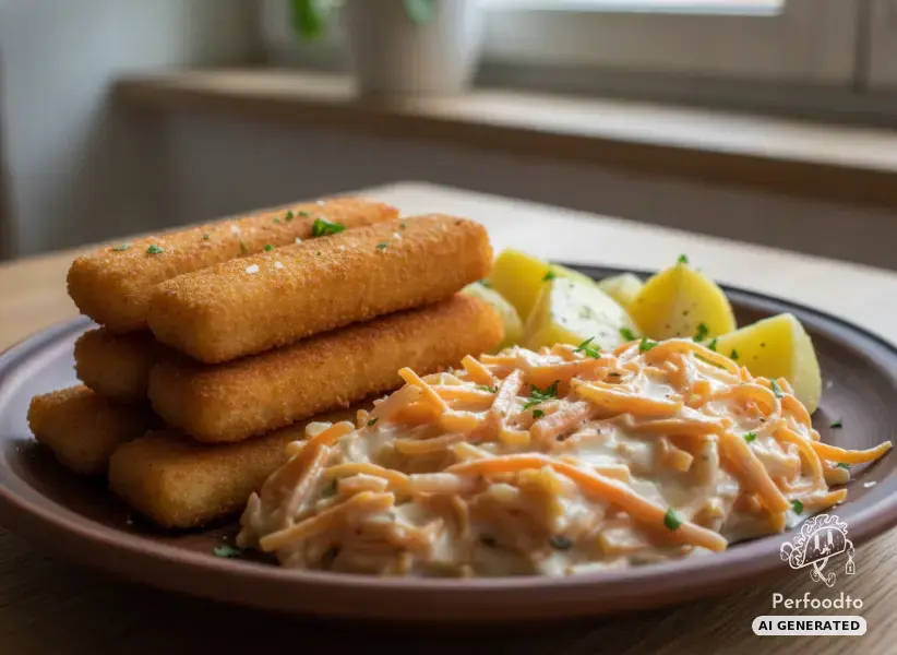 Crispy fish fingers with creamed carrots and potatoes