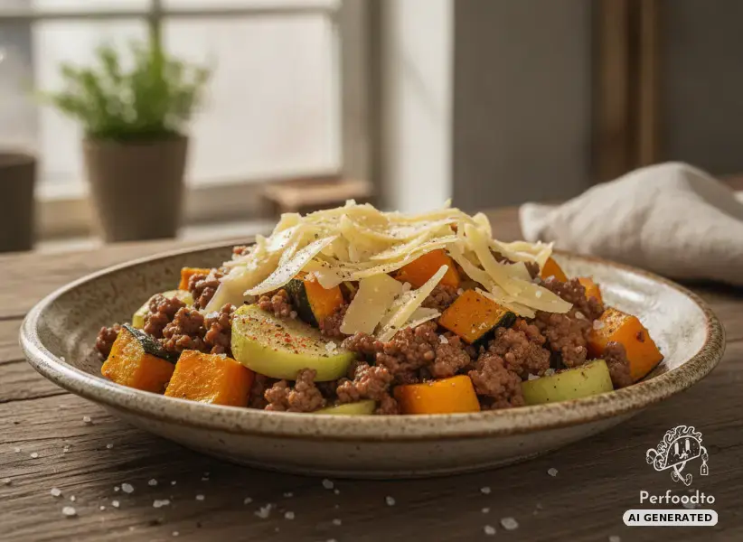 Spicy minced meat skillet with Hokkaido pumpkin and kohlrabi