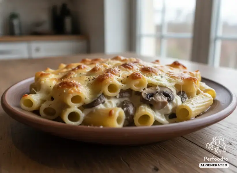 Baked Pasta Casserole with Mushrooms and Mozzarella